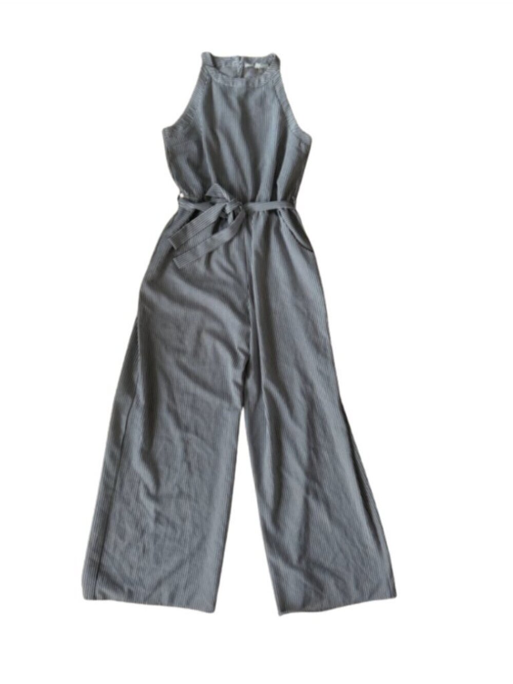 Monteau Light Blue Pinstripe Halter Wide-Leg Jumpsuit with Tie Waist